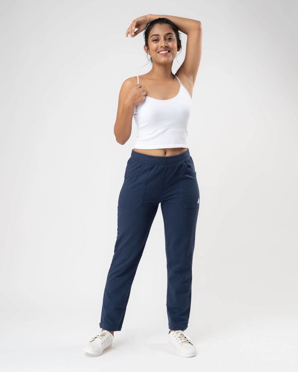 100% Organic Cotton Blue Regular Fit Athleisure Pant for Women