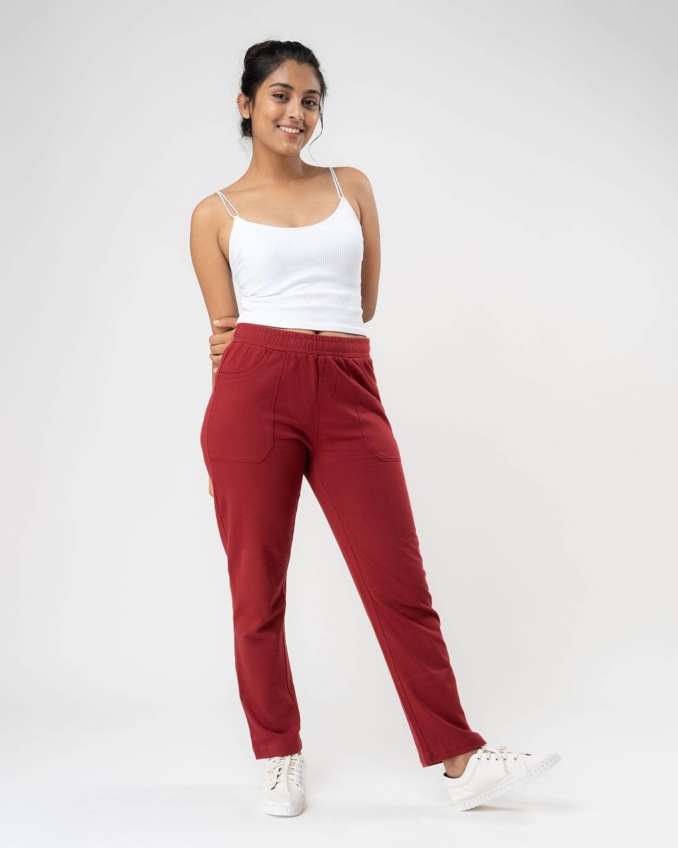 100% Organic Cotton Red Regular Fit Athleisure Pant for Women