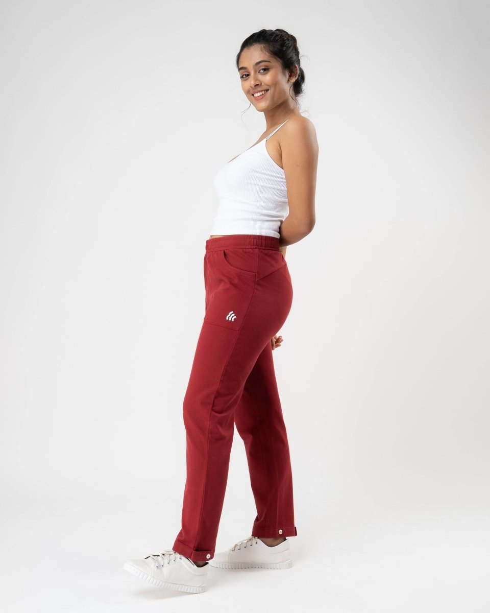 100% Organic Cotton Red Regular Fit Athleisure Pant for Women