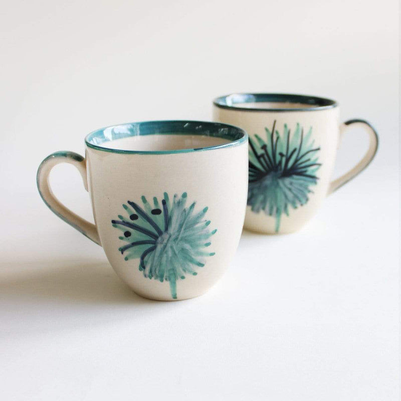 Ceramic Coffee Mug | Floral Hand Painted | Green | 200 ml | Set of 2