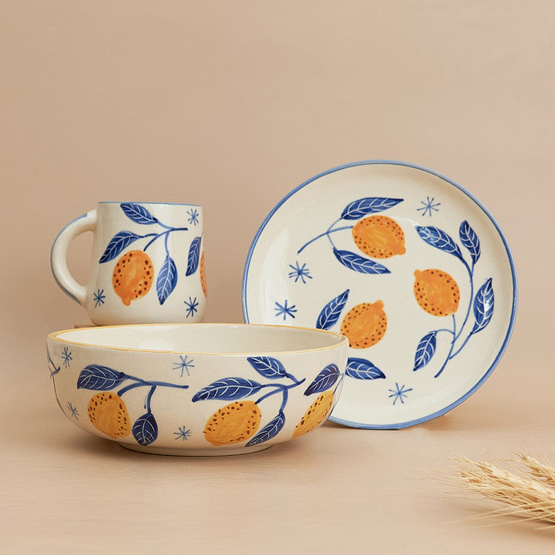 Ceramic Breakfast Set | Bowl, Mug & Plate | White & Blue | 3 Pcs