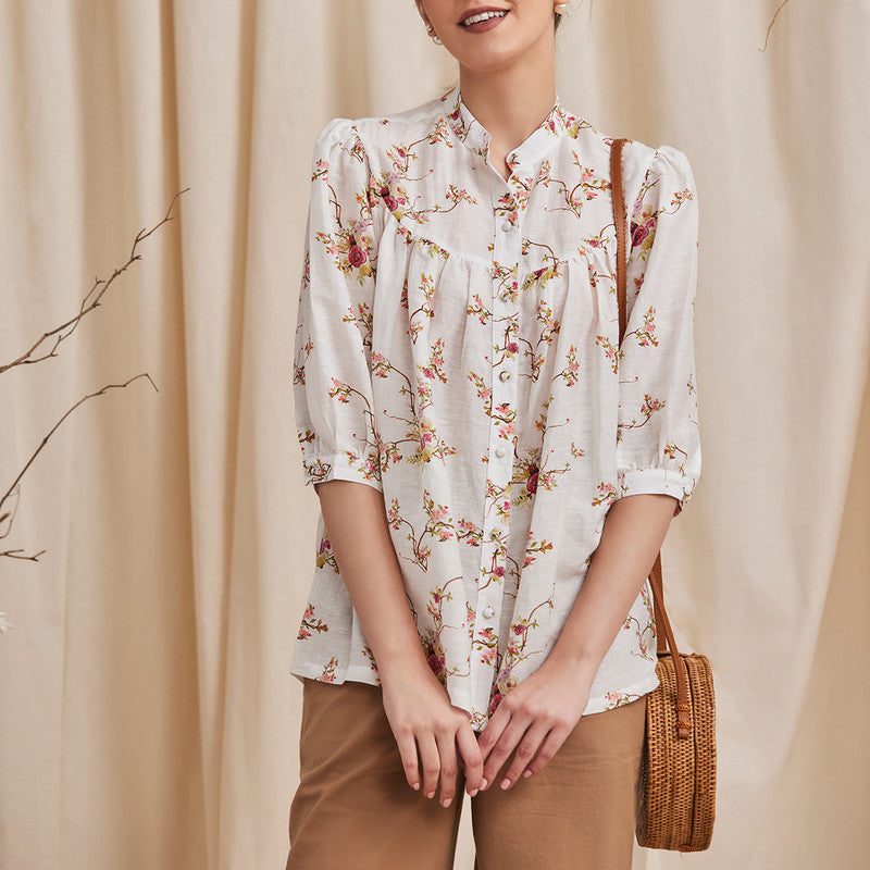 Bemberg Linen Shirt | Floral Print | White