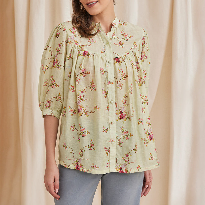 Bemberg Linen Shirt | Floral Print | Sage Green