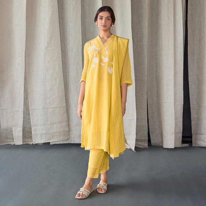 Tencel Kurta Set For Women | Kurta, Pant & Dupatta | Embellished | Yellow