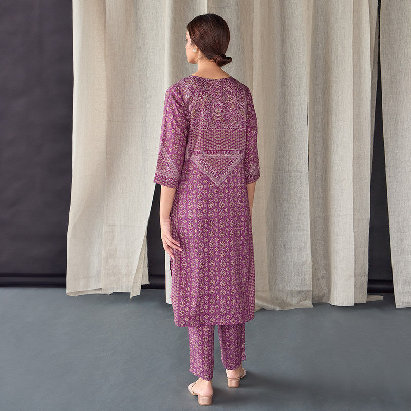 Tencel Kurta Set For Women | Kurta & Pant | Printed | Wine