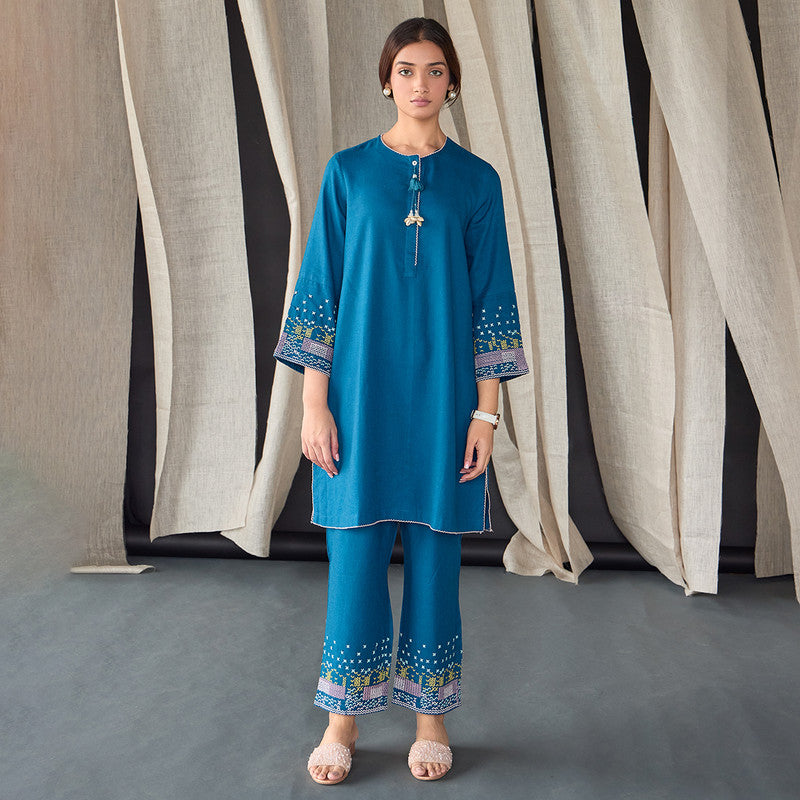 Tencel Kurta Set For Women | Kurta & Pant | Embroidered | Blue