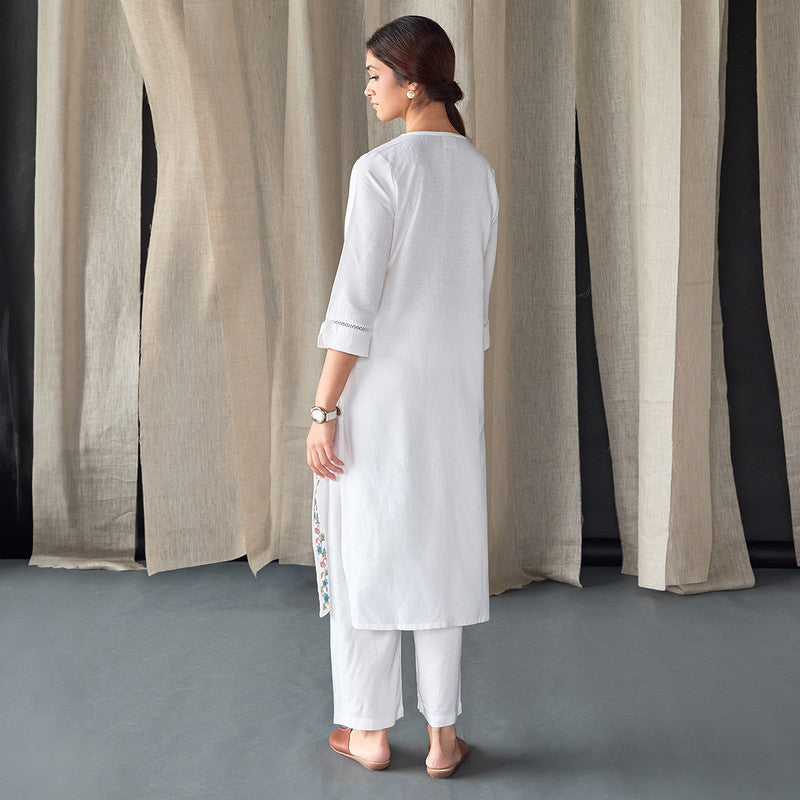 Tencel Kurta Set For Women | Kurta & Pant | Floral Embroidered | White