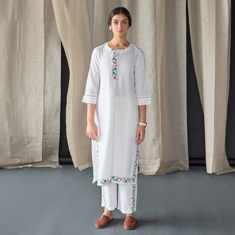 Tencel Kurta Set For Women | Kurta & Pant | Floral Embroidered | White