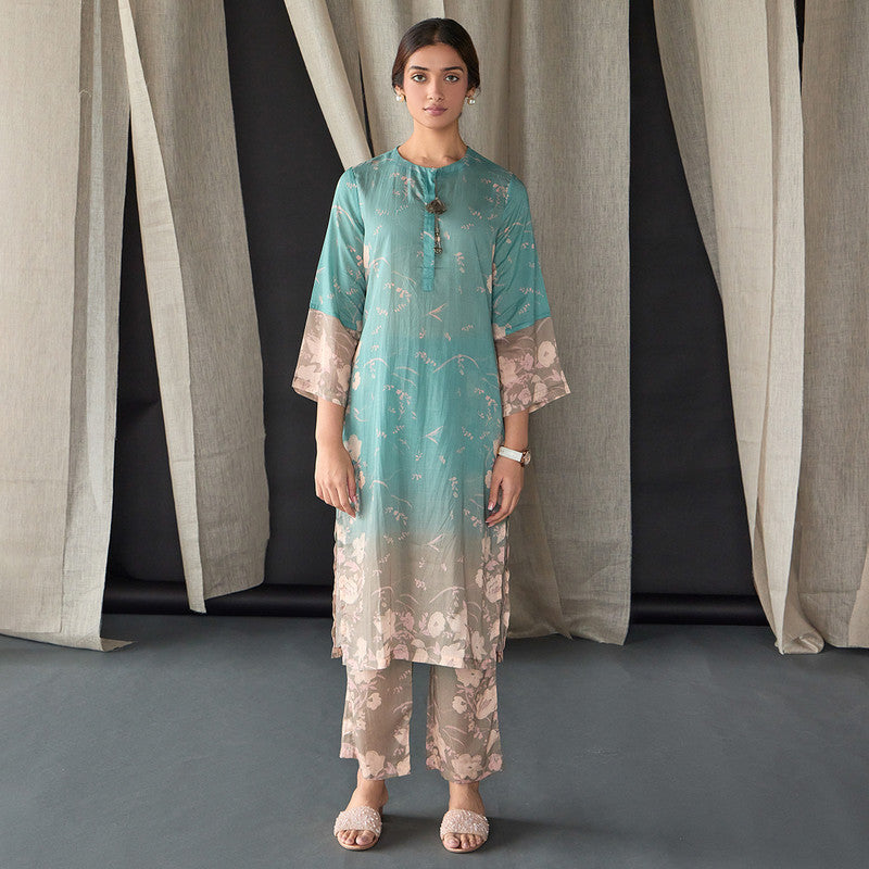 Tencel Kurta Set For Women | Kurta & Pant | Floral Print | Blue