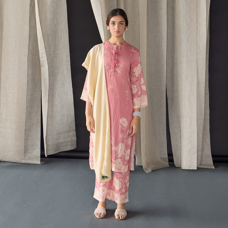 Tencel Kurta Set For Women | Kurta, Pant & Dupatta | Floral Print | Pink