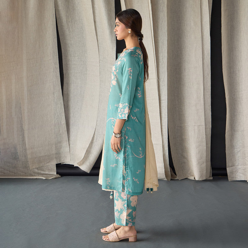 Tencel Linen Kurta Set For Women | Kurta, Pant & Dupatta | Printed | Blue