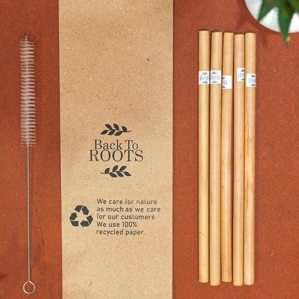 Bamboo Straw | Eco Friendly, Natural &amp; Handmade | Pack of 5 + Cleaner - Back To Roots