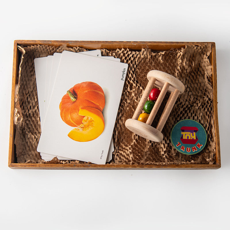 Wooden Toys For Kids | Cognitive Roll & Learn Set | With Vegetable Flash Card | 1 Rolling Rattle & Vegetables Flash Cards