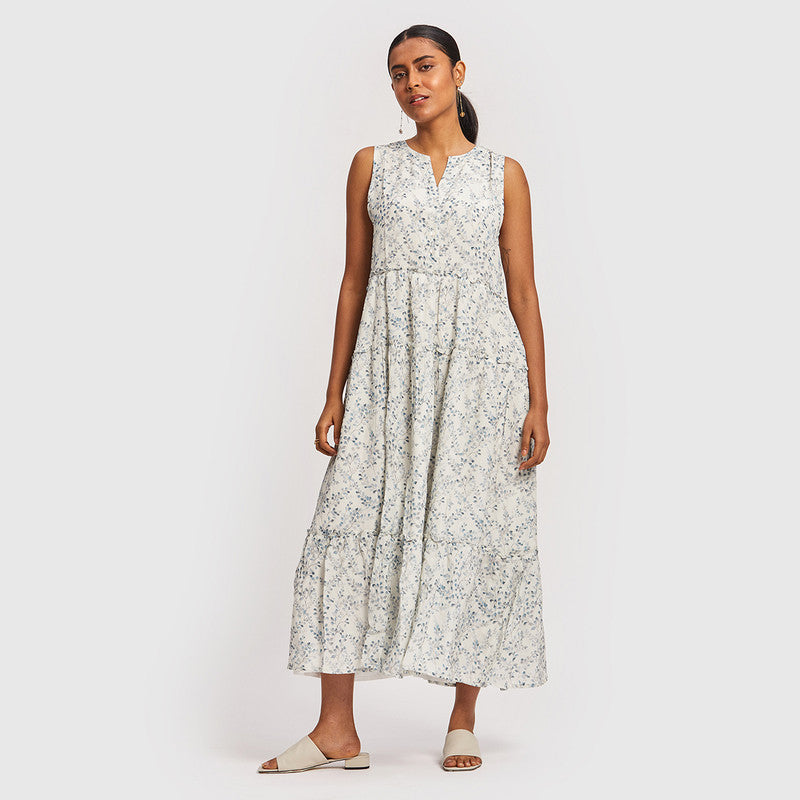 Bemberg Crepe Maxi Dress | Floral Print | White & Blue