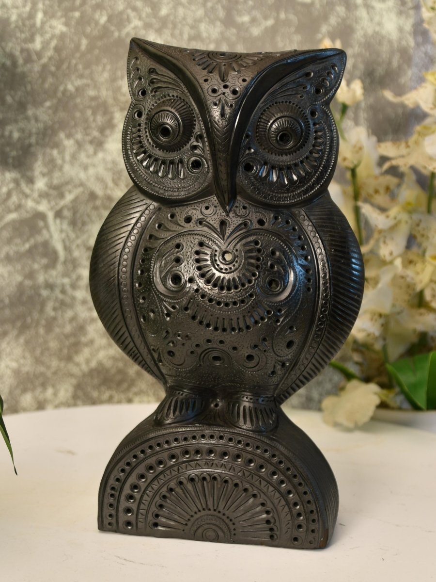 Artisan Black Terracotta Big Owl Tabletop Decor