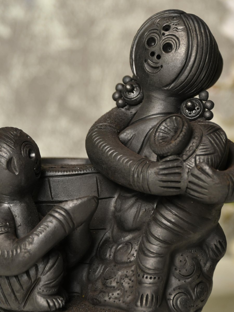 Black Terracotta Mother-Son Artisan Tabletop Decor for Home