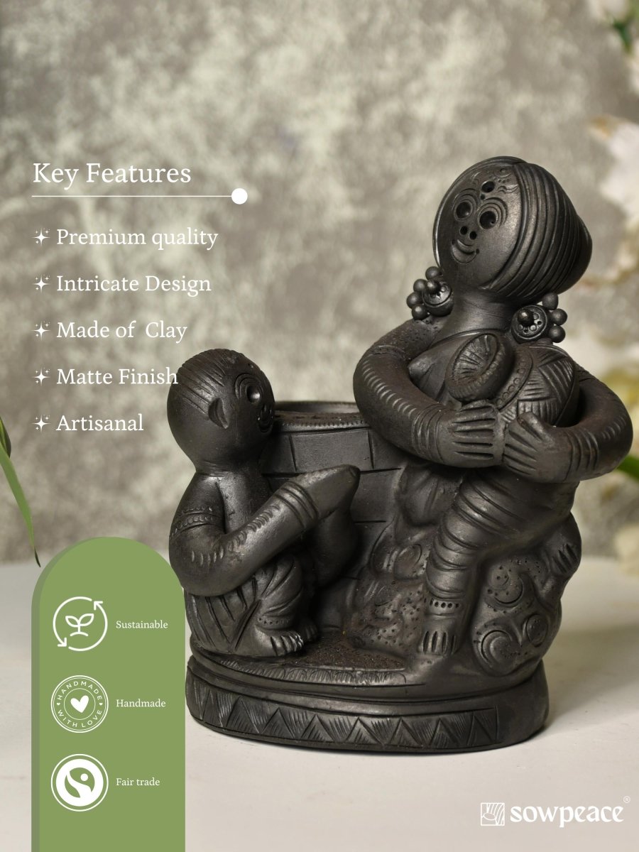 Black Terracotta Mother-Son Artisan Tabletop Decor for Home