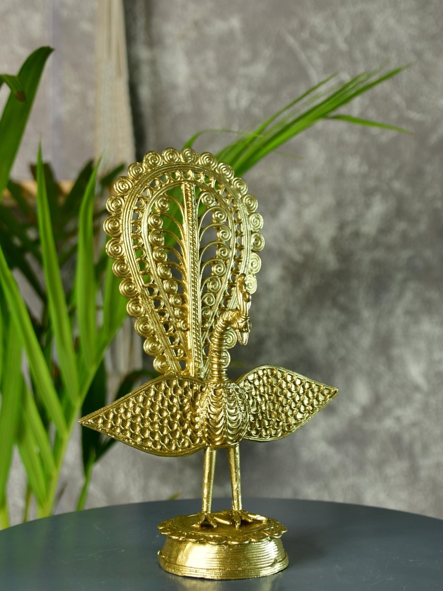 Dhokra Peacock: Artisan Brass Tabletop Elegance