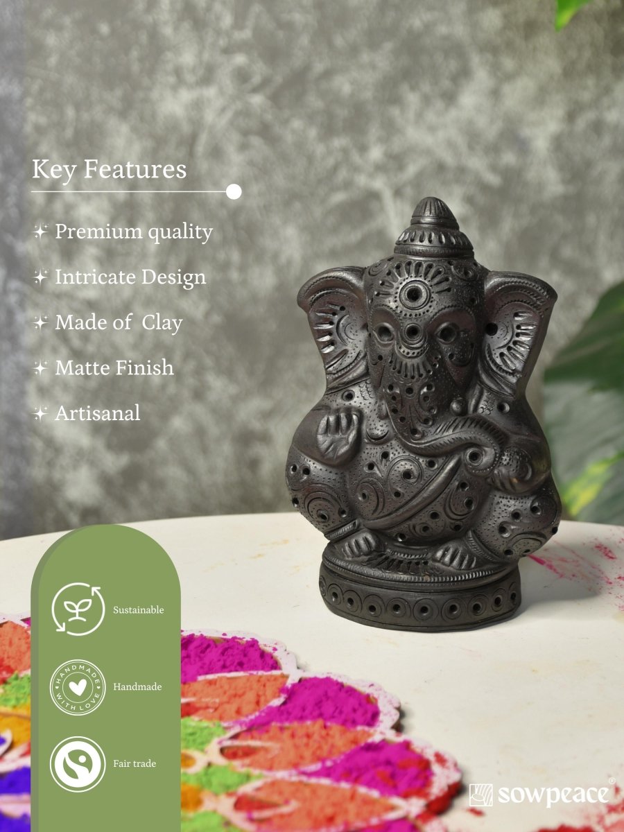 Divine Blessing: Unique Black Terracotta Ganesh Home Decor