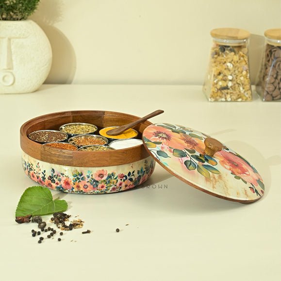 Durable Pastel Flora Wooden Spice Box with Wooden Spoon