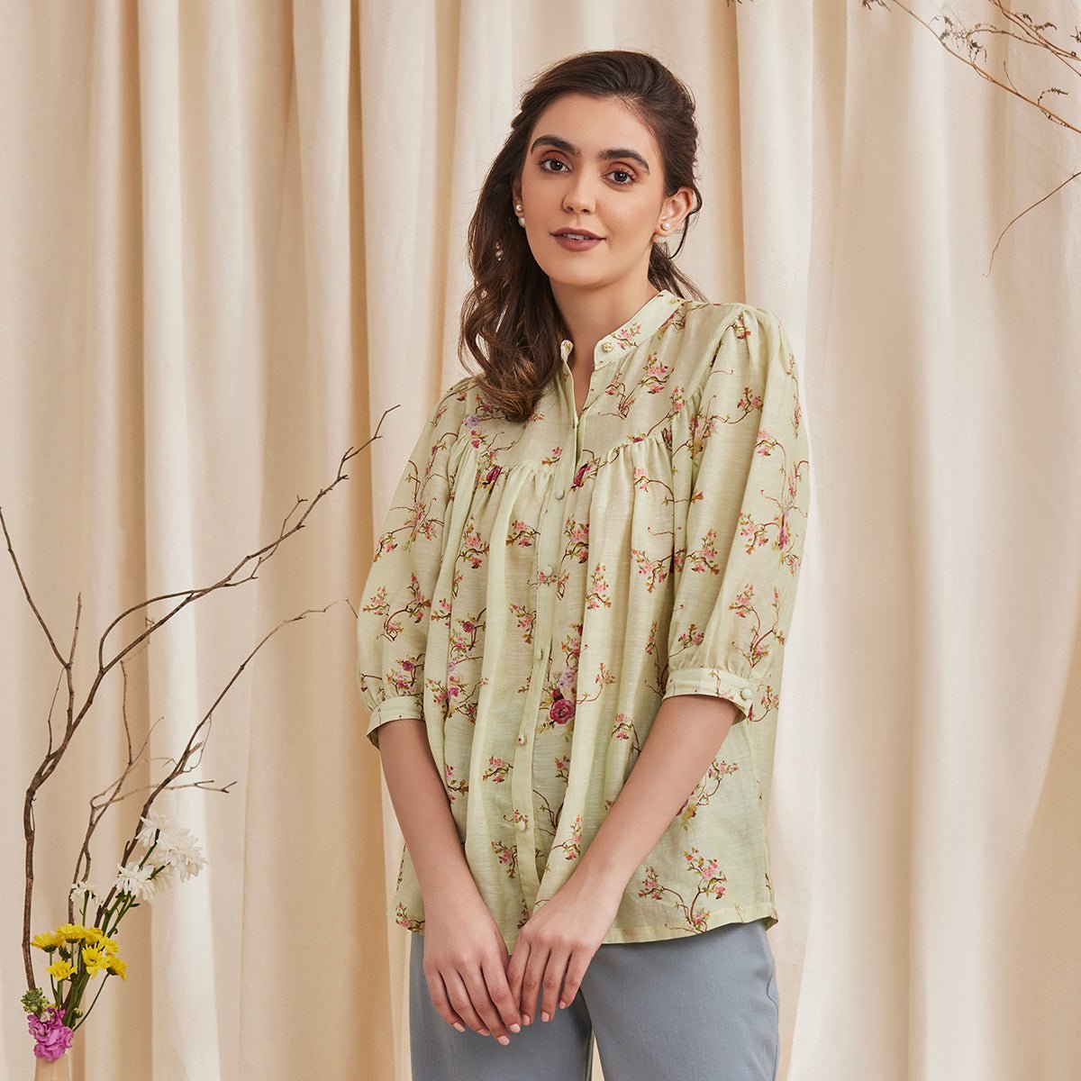 Erica - Floral Printed Bemberg Linen Shirt - Sage