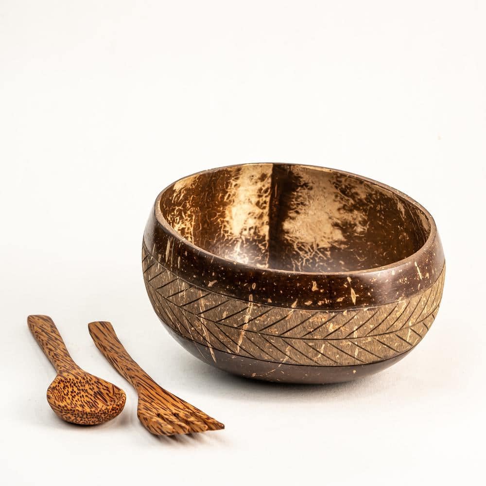 Geometric Jumbo 900 ml Coconut Bowl with Spoon and Fork Brown