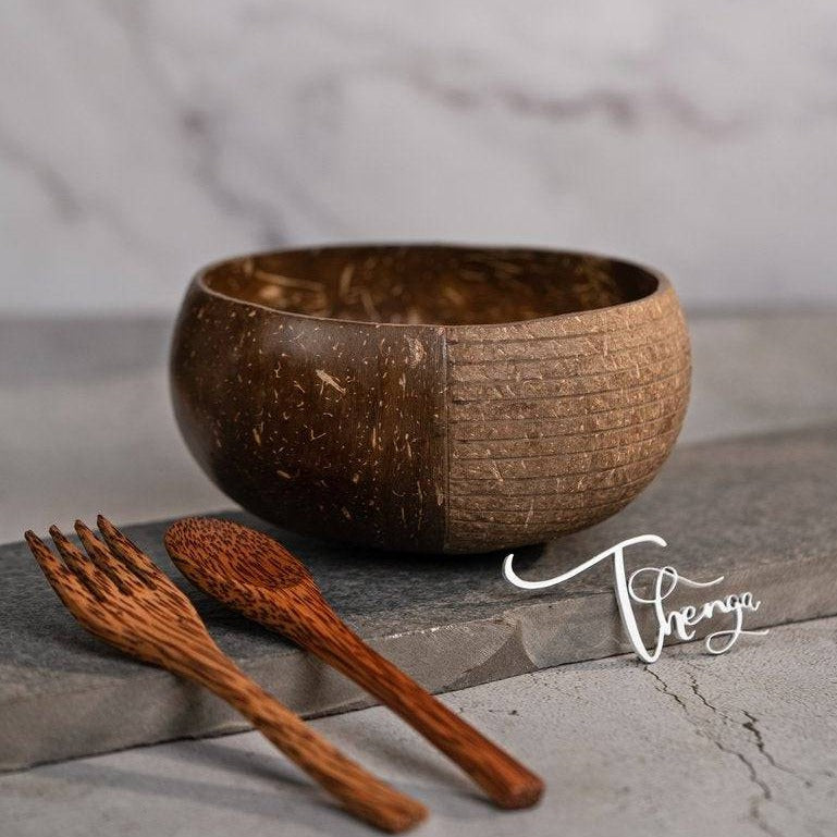 Hand-carved Jumbo 900ml Coconut Bowl with Spoon and Fork  Brown