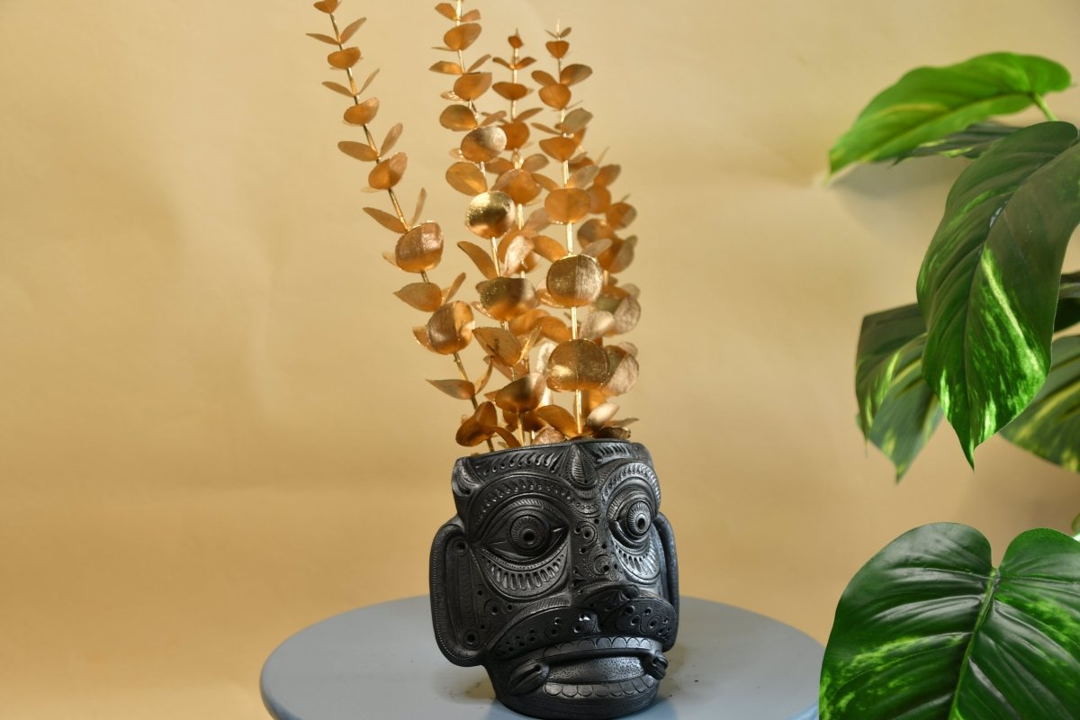 Unique Black Terracotta Asur Mask with Vase - Artisan Home Décor