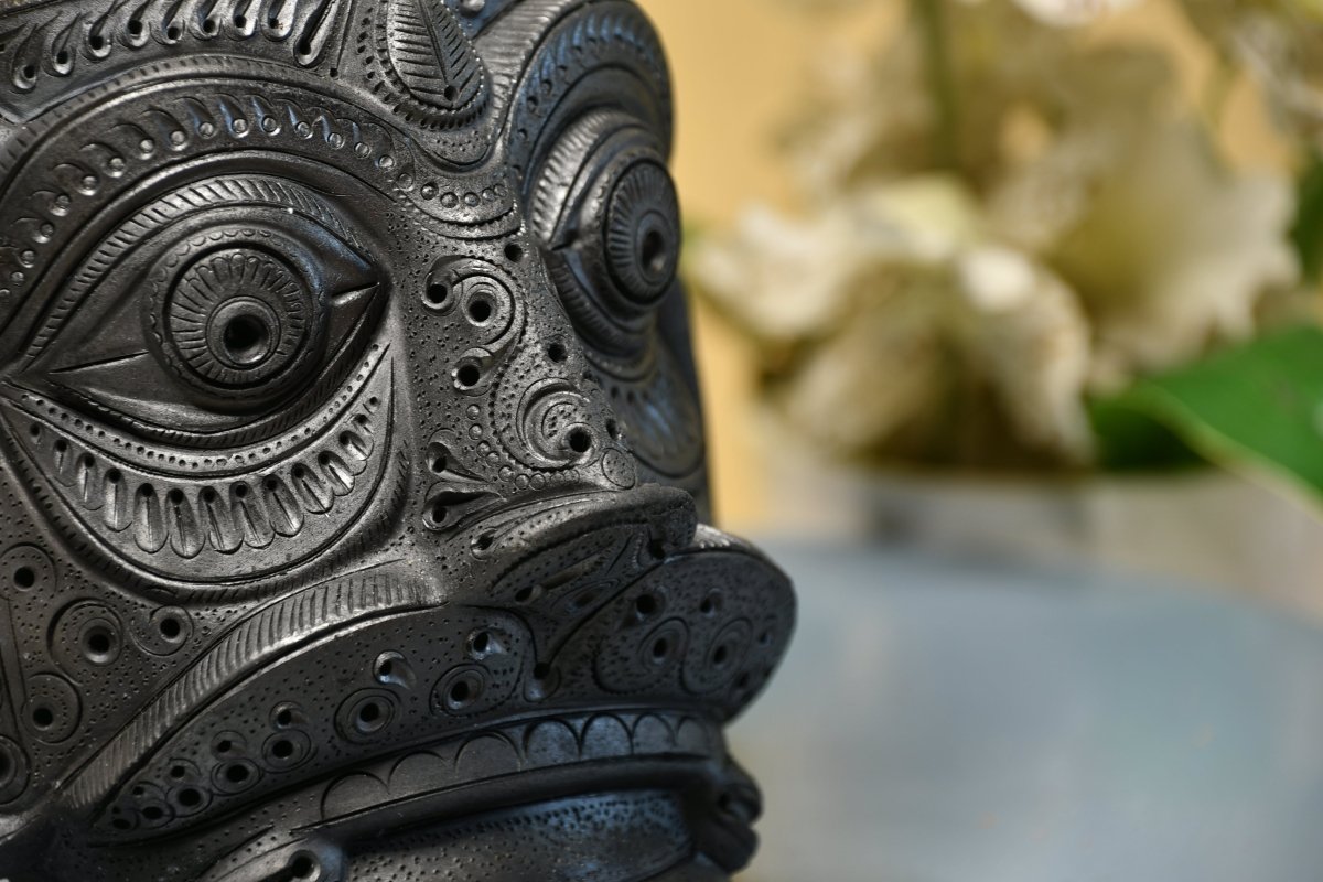 Unique Black Terracotta Asur Mask with Vase - Artisan Home Décor