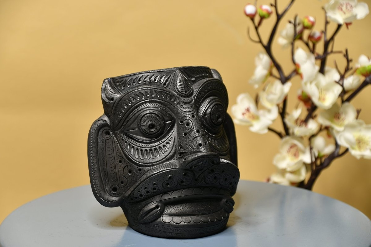 Unique Black Terracotta Asur Mask with Vase - Artisan Home Décor