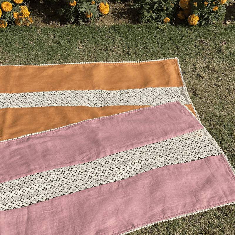 Reversible Hemp Table Runner with Cotton Lace Detailing