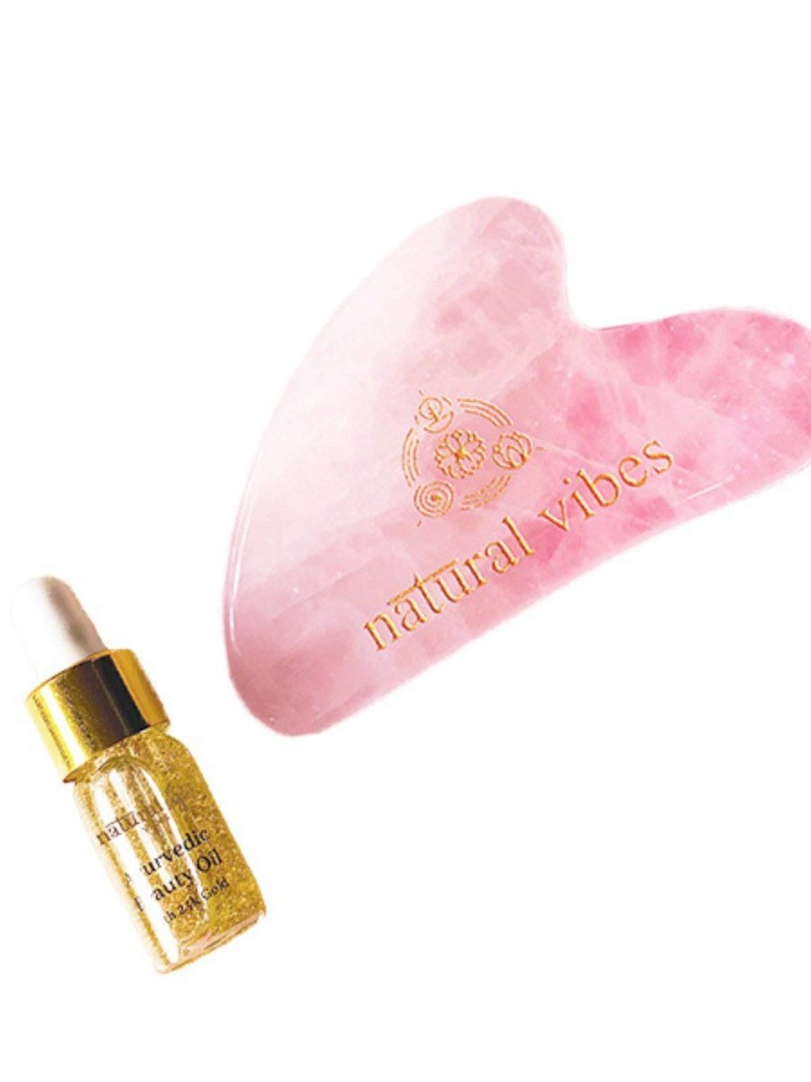 Rose Quartz Gua Sha For Face, Neck and Under eye with FREE Gold Beauty Elixir Oil 3 ml