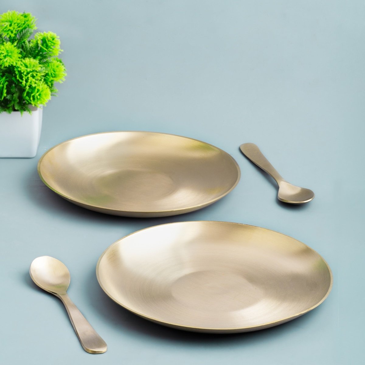 Set of 6 Matt Finish Handmade Bronze Breakfast Plate with Spoon