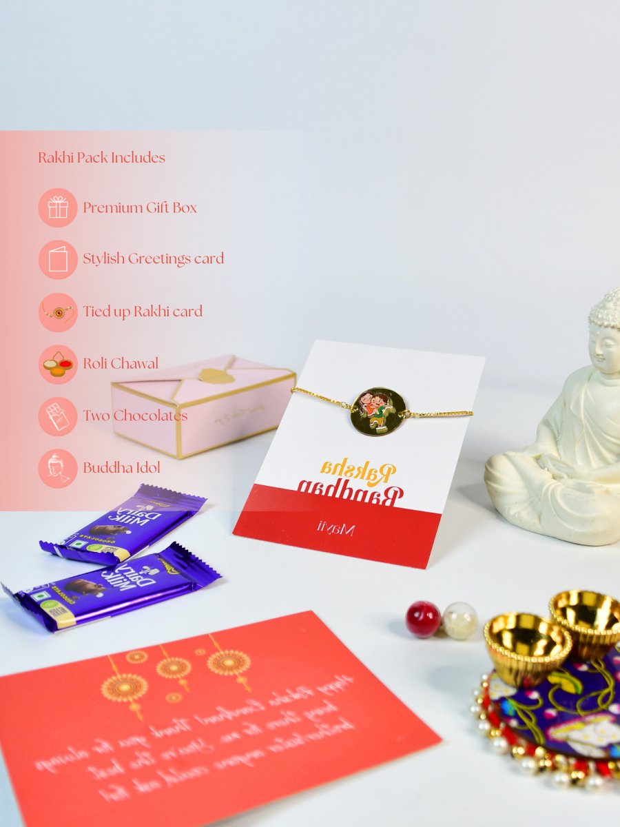 Sowpeace Exquisite Bhai Behen Rakhi Pack of 1 with Roli Chawal Thali, Chocolates, Buddha and Greeting card combo for Raksha Bandhan and Gifting